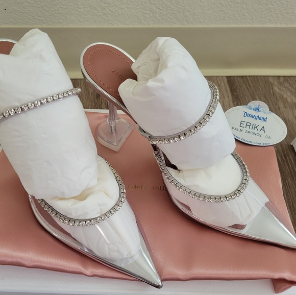 SOLD Amina Muaddi Gilda Glass Crystal Mule Heels size IT 39 (US 8) *VERY RARE* - Picture 3 of 8